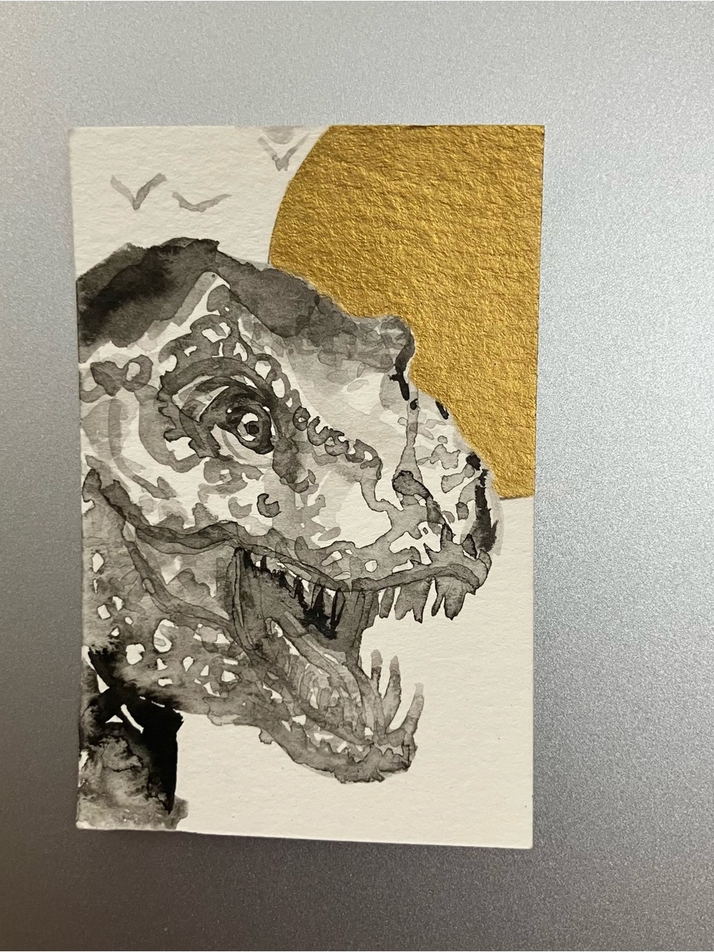 Original Trex dinosaur miniature realism painting sumi-e style art Artettina